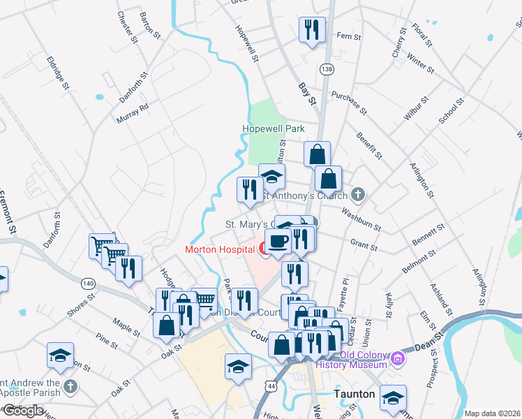 map of restaurants, bars, coffee shops, grocery stores, and more near 36 Adams Street in Taunton