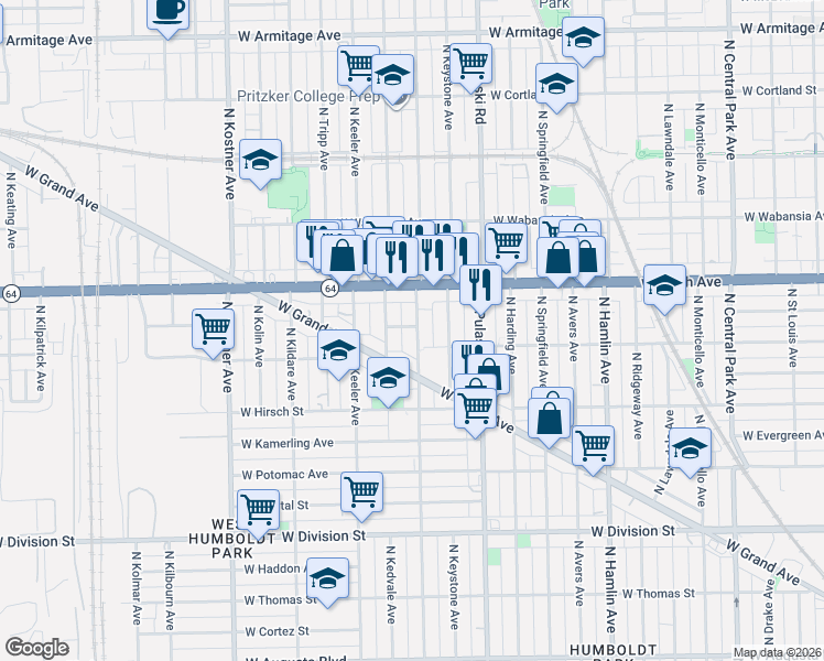 map of restaurants, bars, coffee shops, grocery stores, and more near 4107 West Pierce Avenue in Chicago