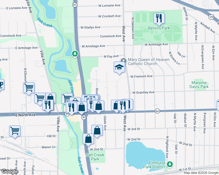 map of restaurants, bars, coffee shops, grocery stores, and more near 365 Shady Lane in Elmhurst