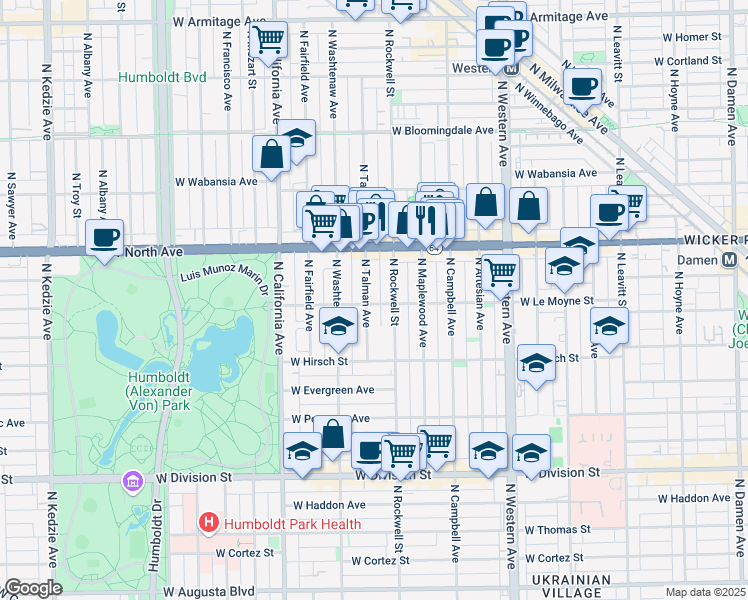 map of restaurants, bars, coffee shops, grocery stores, and more near 1501 North Talman Avenue in Chicago