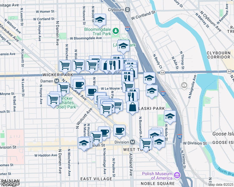 map of restaurants, bars, coffee shops, grocery stores, and more near 1632 West Julian Street in Chicago