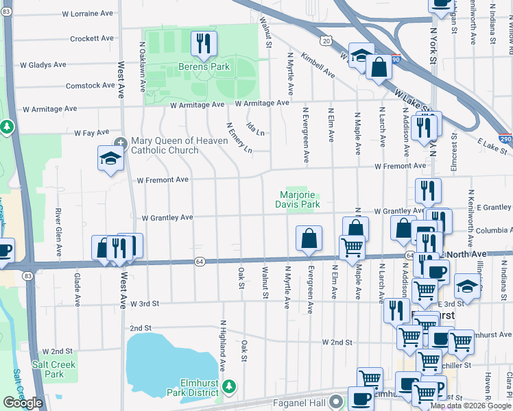map of restaurants, bars, coffee shops, grocery stores, and more near 358 Walnut Street in Elmhurst