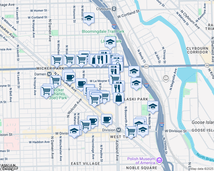 map of restaurants, bars, coffee shops, grocery stores, and more near 1632 West Julian Street in Chicago