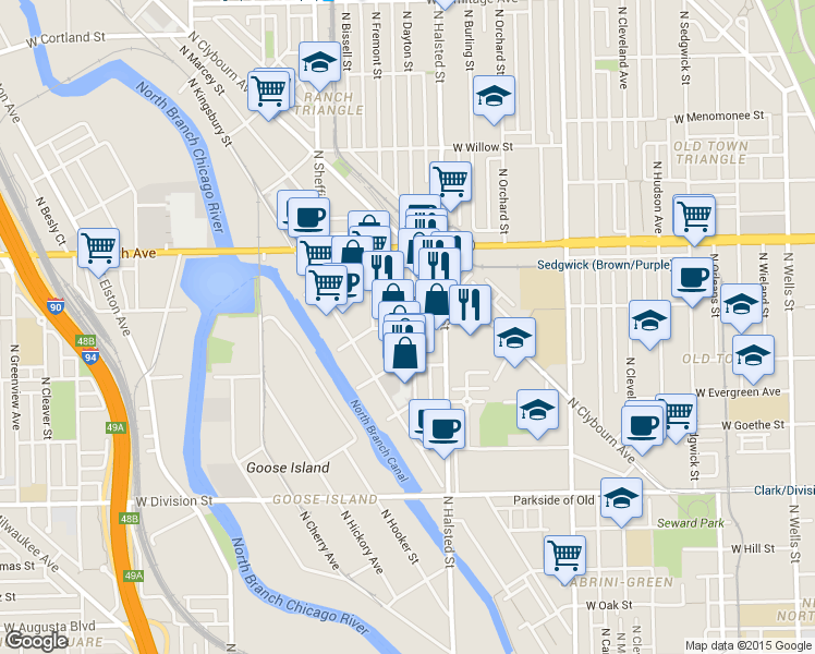 map of restaurants, bars, coffee shops, grocery stores, and more near 830-898 W Blackhawk St in Chicago
