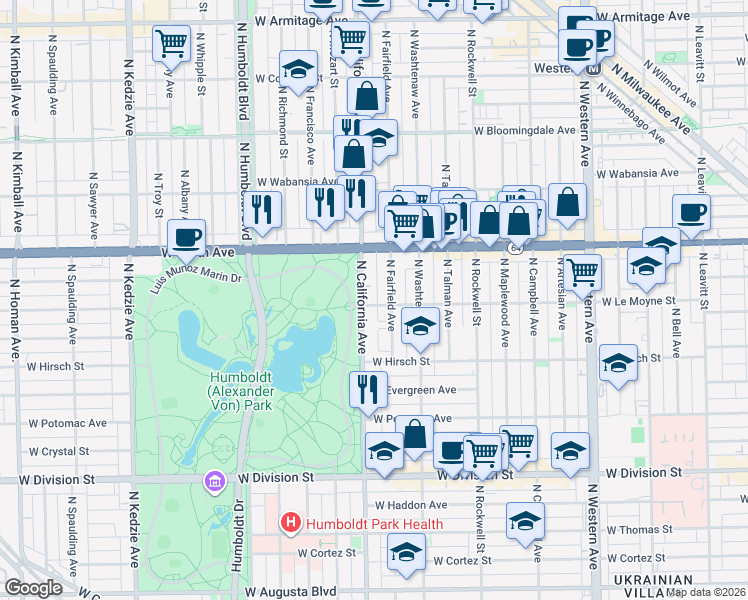 map of restaurants, bars, coffee shops, grocery stores, and more near 1502 North Fairfield Avenue in Chicago