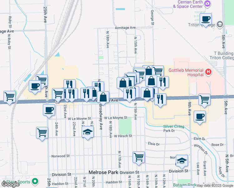 map of restaurants, bars, coffee shops, grocery stores, and more near 1906 North 17th Avenue in Melrose Park