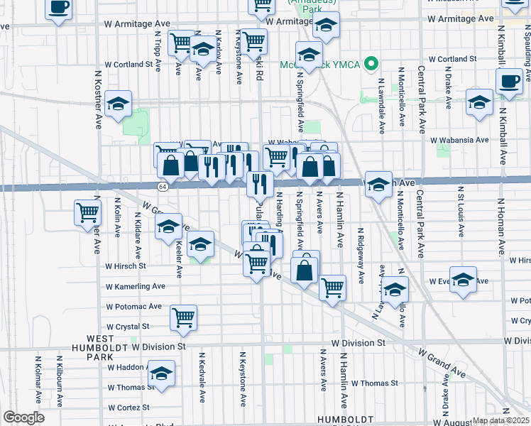 map of restaurants, bars, coffee shops, grocery stores, and more near 1513 North Pulaski Road in Chicago