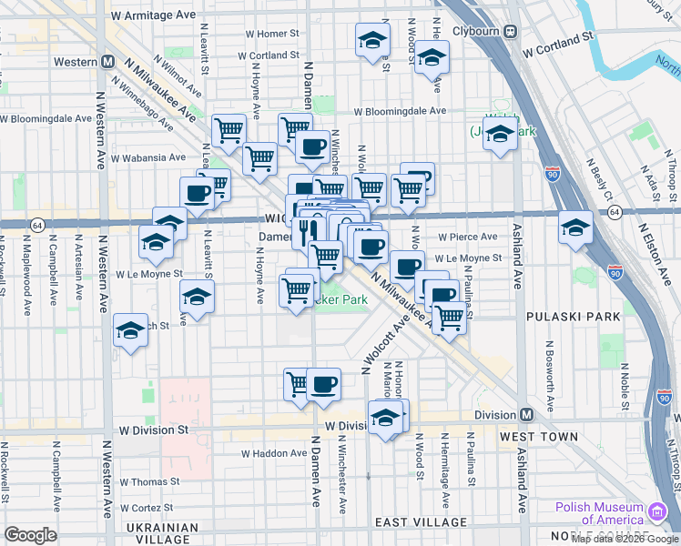 map of restaurants, bars, coffee shops, grocery stores, and more near 1507 North Wicker Park Avenue in Chicago