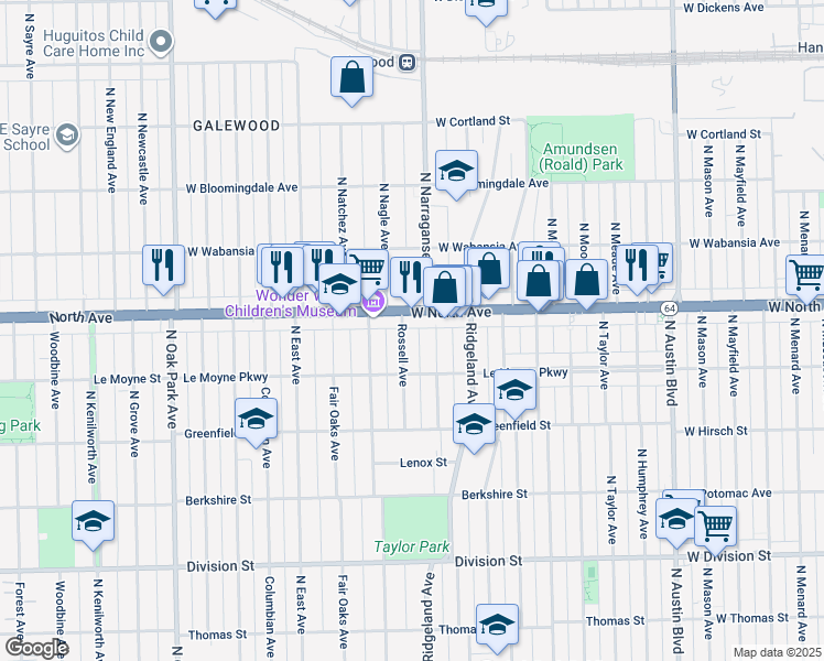 map of restaurants, bars, coffee shops, grocery stores, and more near 1234 Rossell Avenue in Oak Park
