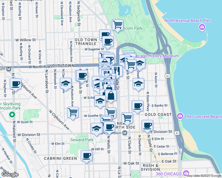 map of restaurants, bars, coffee shops, grocery stores, and more near 1429 North Wells Street in Chicago