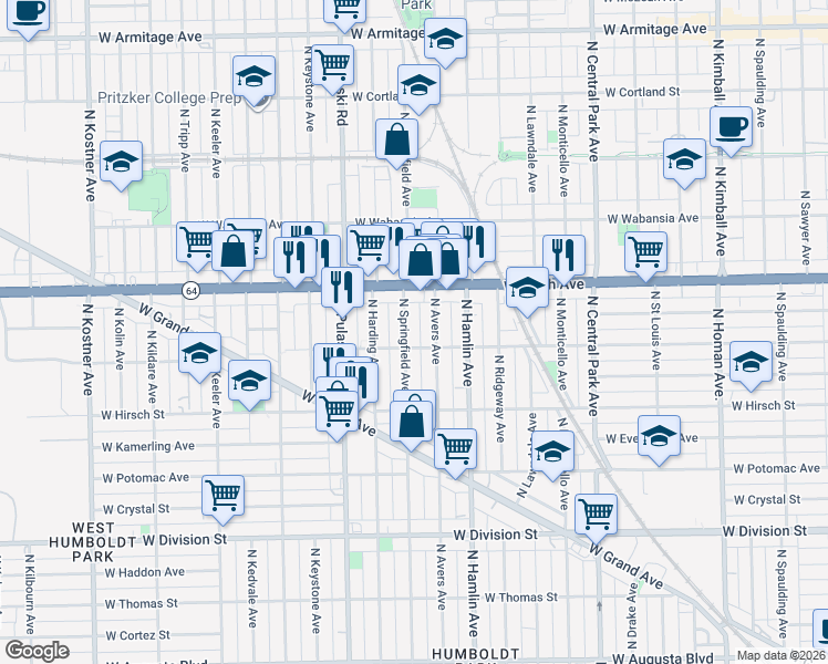 map of restaurants, bars, coffee shops, grocery stores, and more near 1508 North Avers Avenue in Chicago