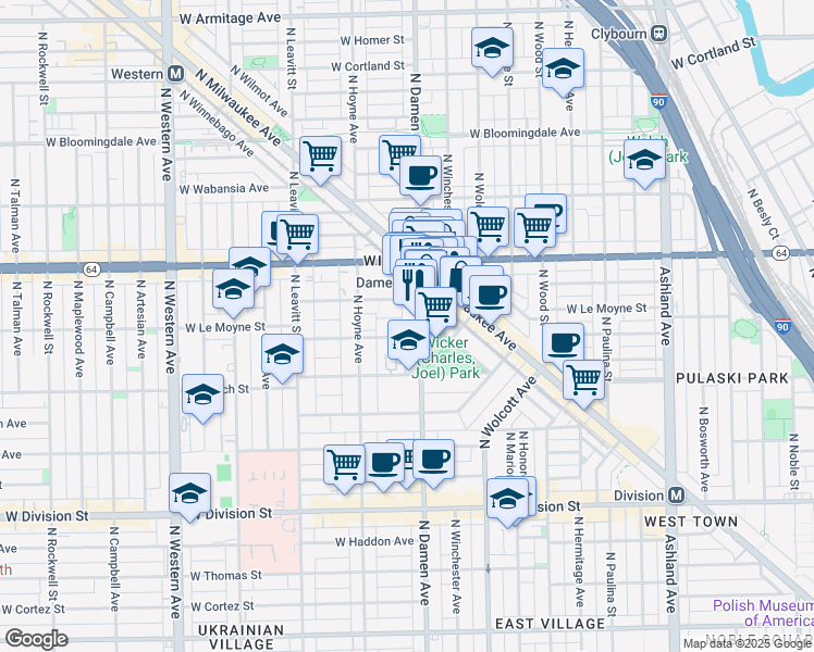 map of restaurants, bars, coffee shops, grocery stores, and more near 1508 North Damen Avenue in Chicago