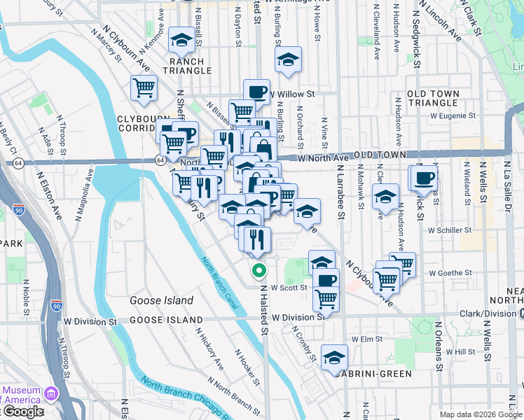 map of restaurants, bars, coffee shops, grocery stores, and more near N Halsted St & W Blackhawk St in Chicago