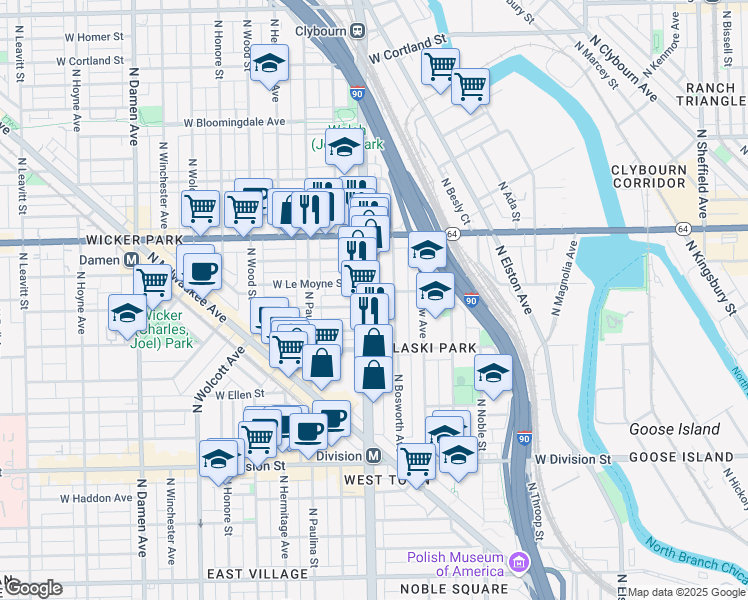map of restaurants, bars, coffee shops, grocery stores, and more near 1453 North Ashland Avenue in Chicago
