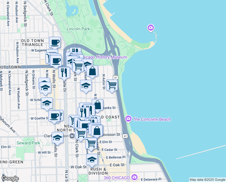 map of restaurants, bars, coffee shops, grocery stores, and more near 1420 North Lake Shore Drive in Chicago