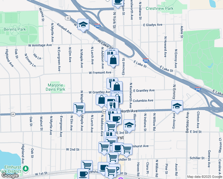 map of restaurants, bars, coffee shops, grocery stores, and more near 113 West Grantley Avenue in Elmhurst