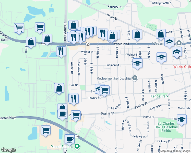 map of restaurants, bars, coffee shops, grocery stores, and more near 237 South 17th Street in St. Charles