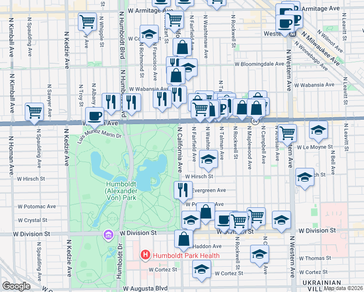 map of restaurants, bars, coffee shops, grocery stores, and more near in Chicago