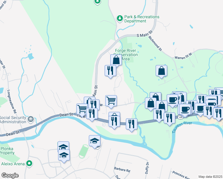 map of restaurants, bars, coffee shops, grocery stores, and more near 62 Forge River Parkway in Raynham