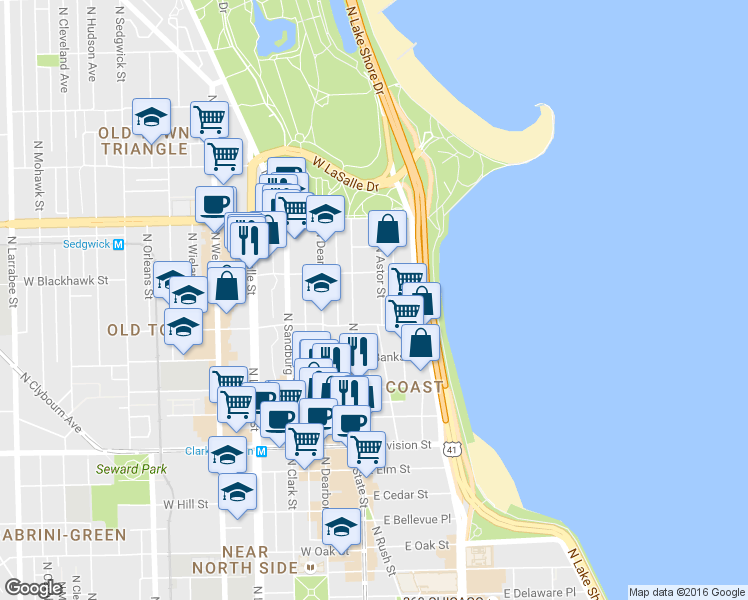 map of restaurants, bars, coffee shops, grocery stores, and more near 1425 North State Parkway in Chicago