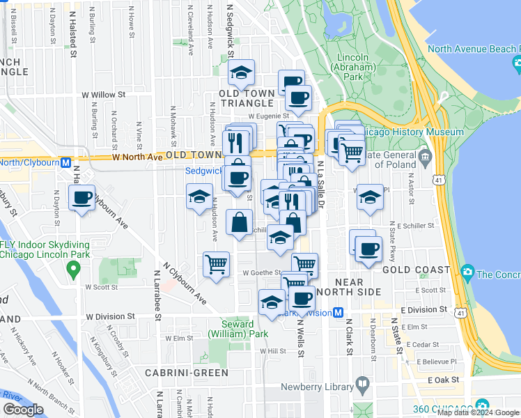 map of restaurants, bars, coffee shops, grocery stores, and more near 1423 North Orleans Street in Chicago