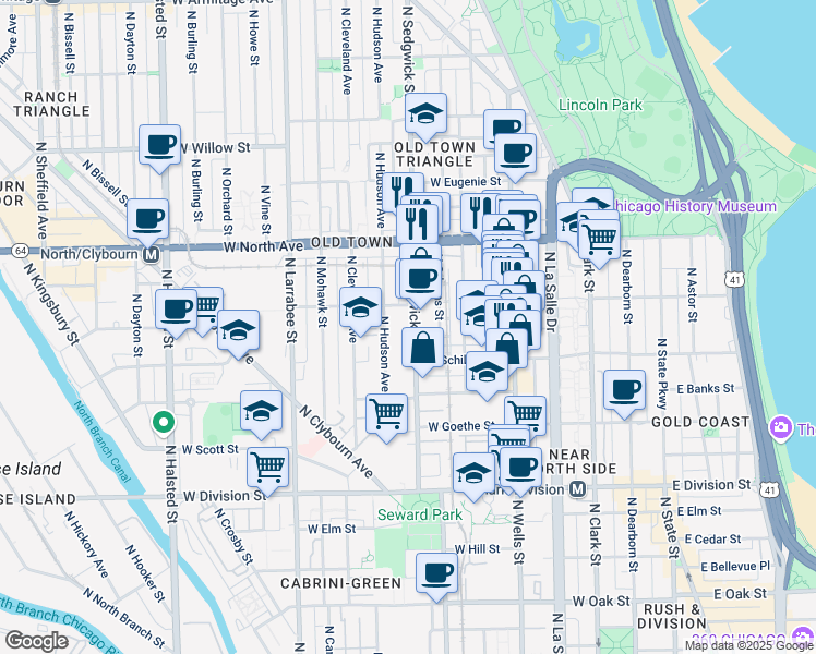 map of restaurants, bars, coffee shops, grocery stores, and more near 1408 North Sedgwick Street in Chicago