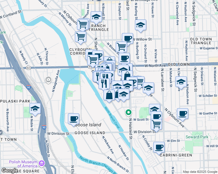 map of restaurants, bars, coffee shops, grocery stores, and more near 1476 North Fremont Street in Chicago