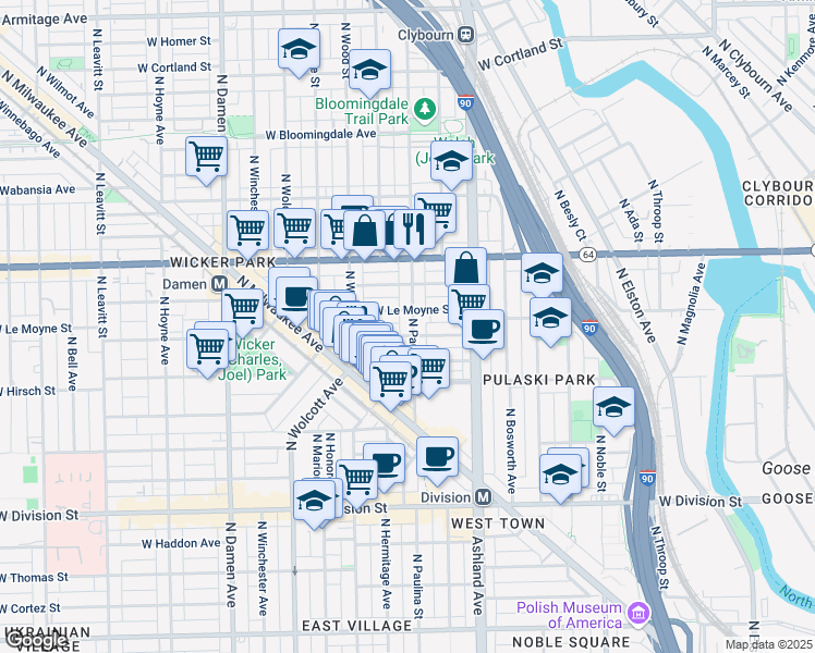 map of restaurants, bars, coffee shops, grocery stores, and more near in Chicago