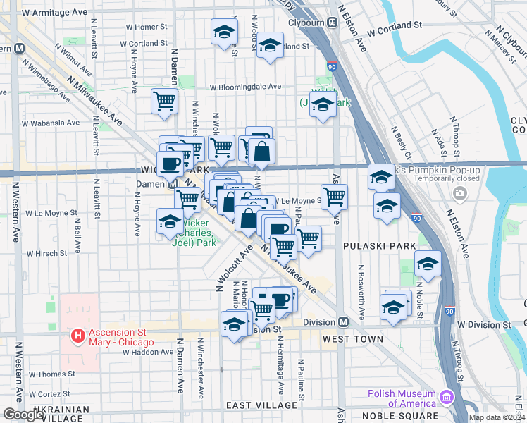 map of restaurants, bars, coffee shops, grocery stores, and more near 1746 West Julian Street in Chicago