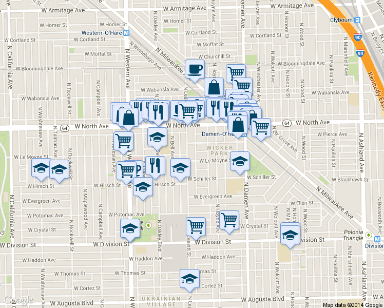 map of restaurants, bars, coffee shops, grocery stores, and more near 1456 North Leavitt Street in Chicago