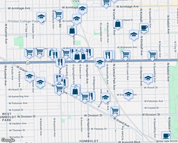 map of restaurants, bars, coffee shops, grocery stores, and more near 1509 North Hamlin Avenue in Chicago