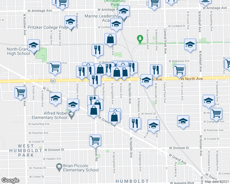 map of restaurants, bars, coffee shops, grocery stores, and more near 1508 North Avers Avenue in Chicago