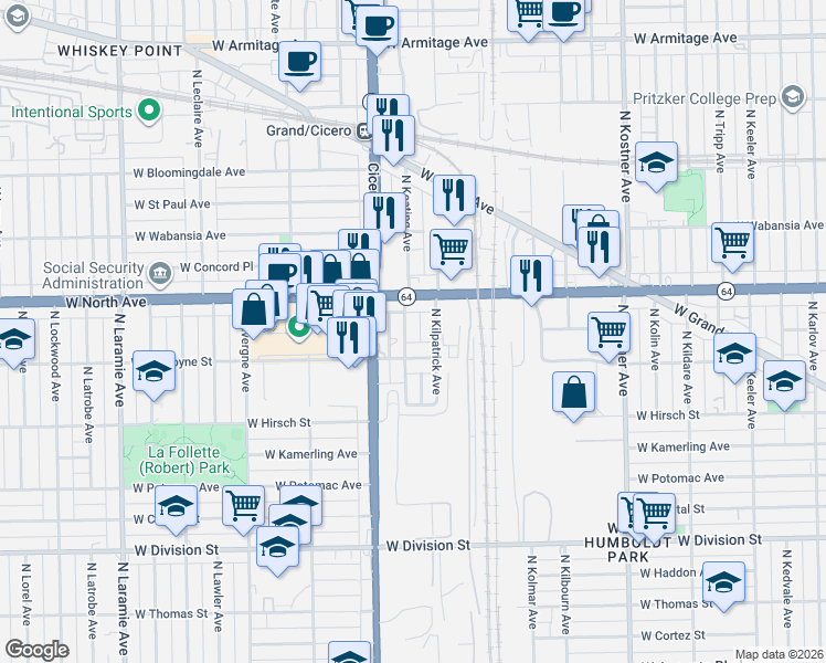 map of restaurants, bars, coffee shops, grocery stores, and more near 1518 North Kilpatrick Avenue in Chicago