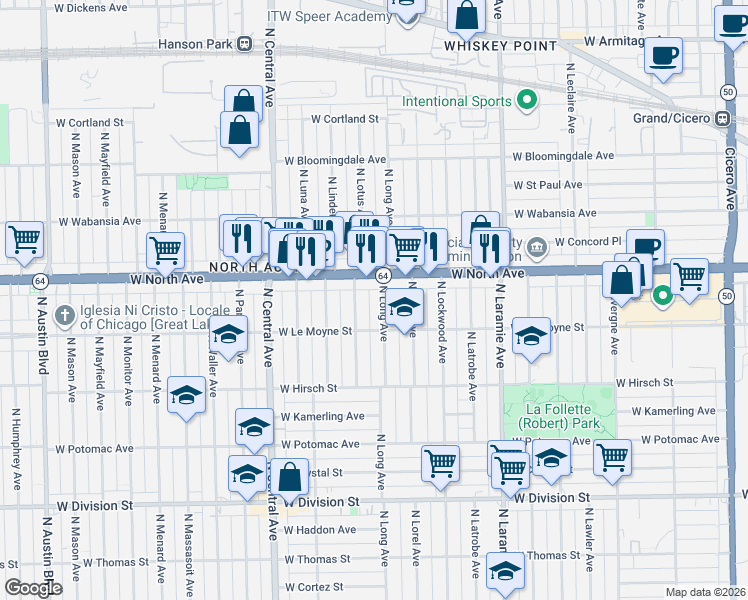 map of restaurants, bars, coffee shops, grocery stores, and more near 1529 North Lotus Avenue in Chicago