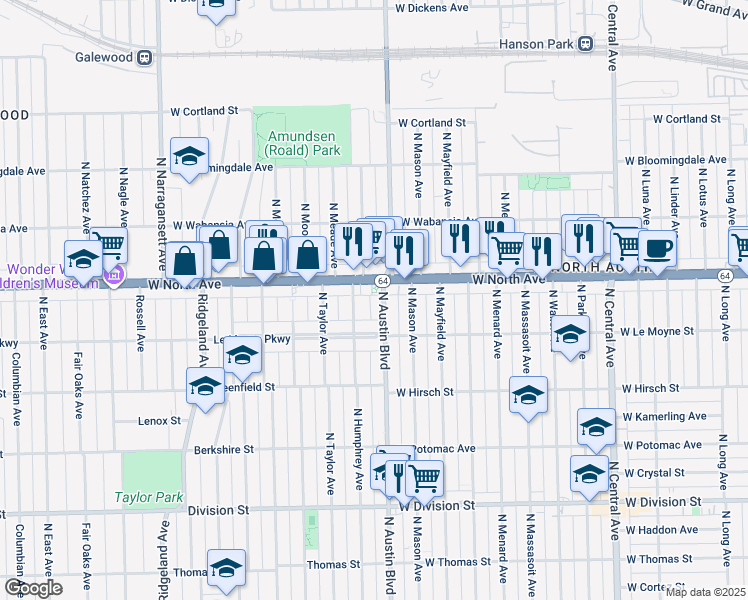 map of restaurants, bars, coffee shops, grocery stores, and more near 1533 North Austin Boulevard in Chicago