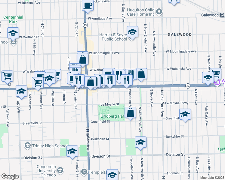 map of restaurants, bars, coffee shops, grocery stores, and more near 7027 West North Avenue in Oak Park