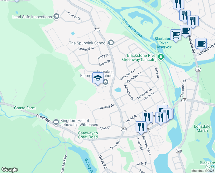 map of restaurants, bars, coffee shops, grocery stores, and more near 270 River Road in Lincoln