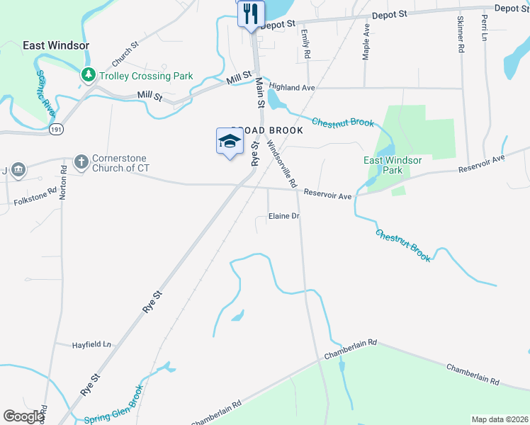 map of restaurants, bars, coffee shops, grocery stores, and more near 12 Elaine Drive in East Windsor