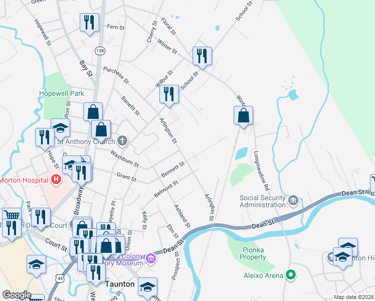 map of restaurants, bars, coffee shops, grocery stores, and more near 40 Bennett Street in Taunton