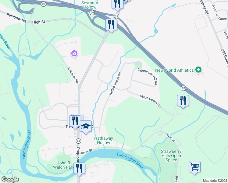 map of restaurants, bars, coffee shops, grocery stores, and more near 43 Pioneer Drive in Windsor