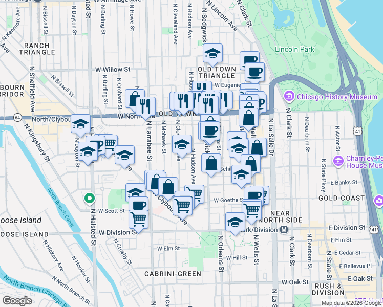 map of restaurants, bars, coffee shops, grocery stores, and more near 1435 North Cleveland Avenue in Chicago