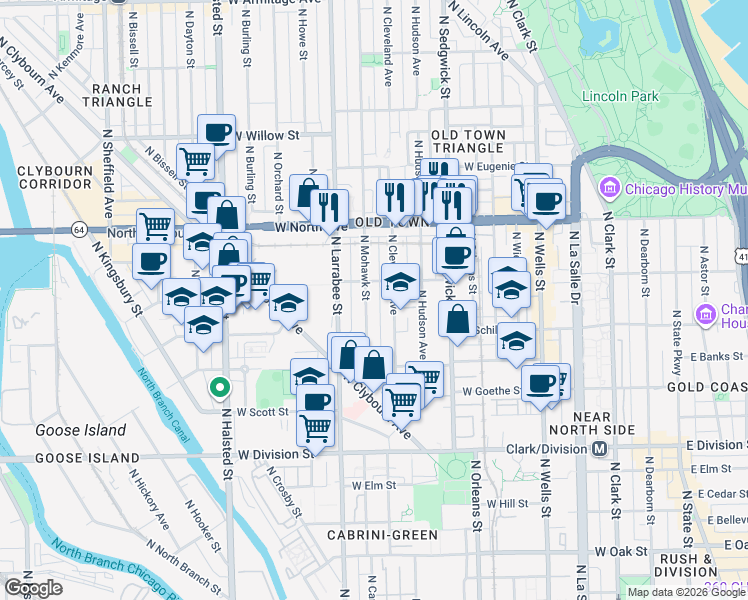 map of restaurants, bars, coffee shops, grocery stores, and more near 1429 North Mohawk Street in Chicago