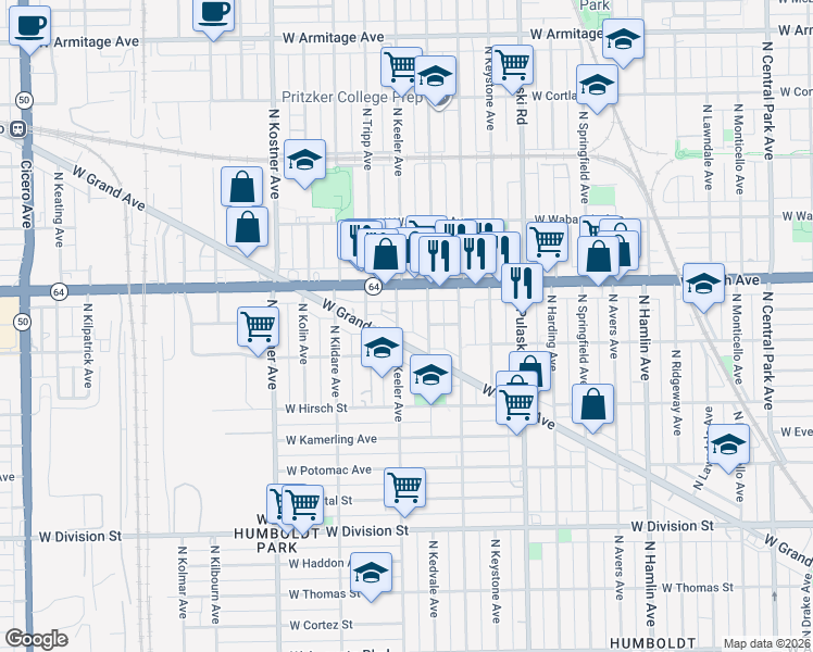 map of restaurants, bars, coffee shops, grocery stores, and more near 1512 North Kedvale Avenue in Chicago