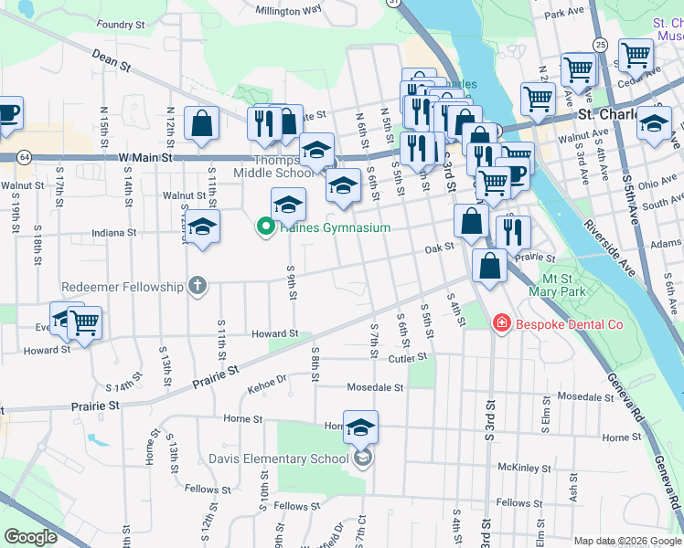 map of restaurants, bars, coffee shops, grocery stores, and more near 400 8th Court in St. Charles