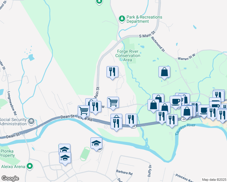 map of restaurants, bars, coffee shops, grocery stores, and more near 62 Forge River Parkway in Raynham