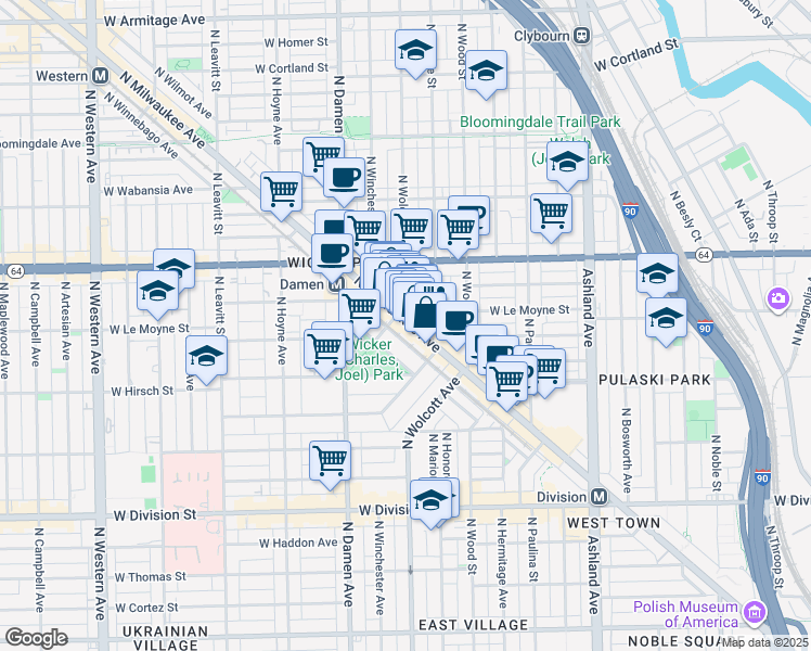 map of restaurants, bars, coffee shops, grocery stores, and more near 1474 North Milwaukee Avenue in Chicago