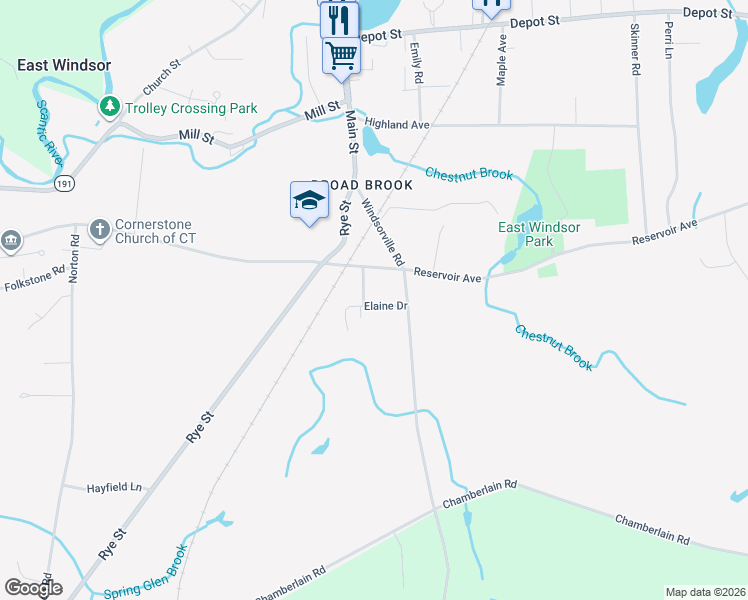 map of restaurants, bars, coffee shops, grocery stores, and more near 12 Elaine Drive in East Windsor