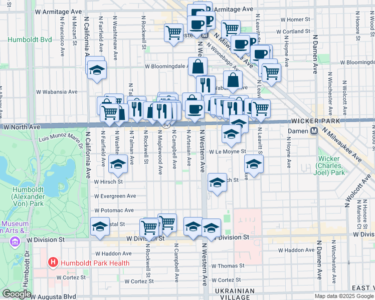 map of restaurants, bars, coffee shops, grocery stores, and more near 1500 North Artesian Avenue in Chicago