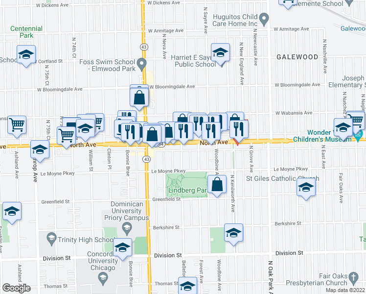 map of restaurants, bars, coffee shops, grocery stores, and more near 7025 North Avenue in Oak Park
