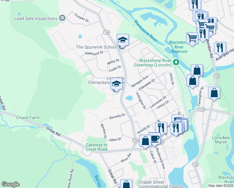 map of restaurants, bars, coffee shops, grocery stores, and more near 270 River Road in Lincoln